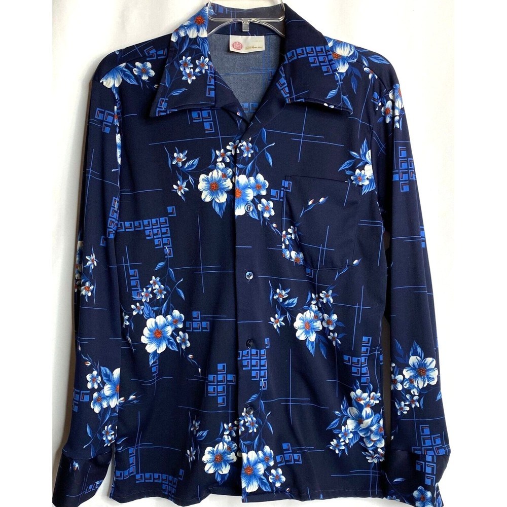 Vintage Kings Road Sears Mens Store Long Sleeve Blue Hawaiian Shirt Medium